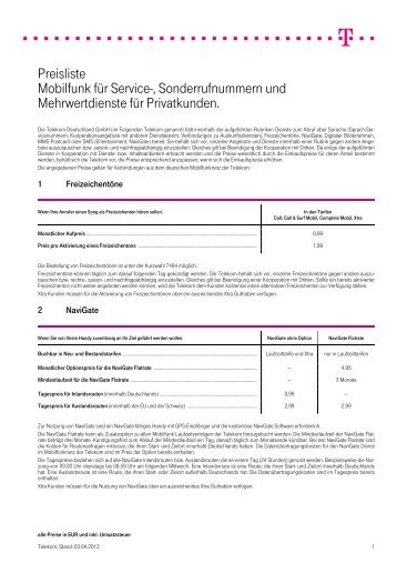 Preisliste Mobilfunk für Service ... - Deutsche Telekom