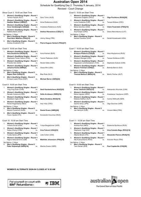 Schedule for Qualifying Day 2 - Australian Open