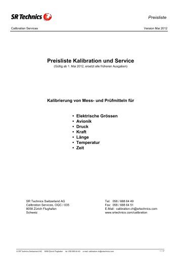 Preisliste Kalibration und Service - SR Technics