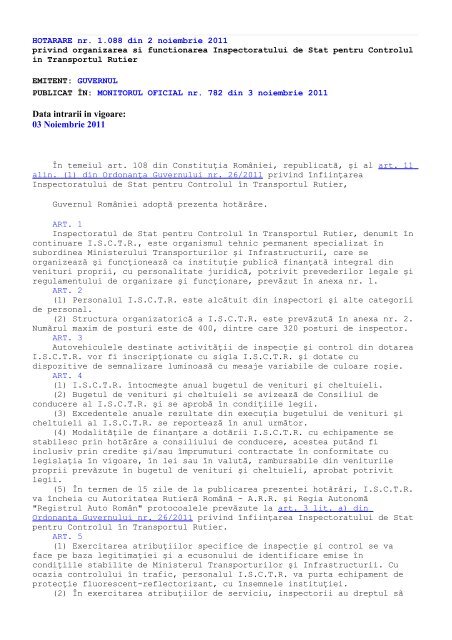 HG nr. 1088 /2011, privind organizarea si functionarea ...