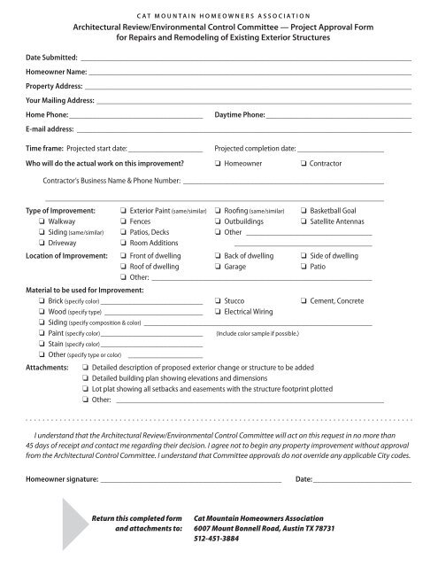Project approval Form - Cat Mountain Villas Homeowners Association