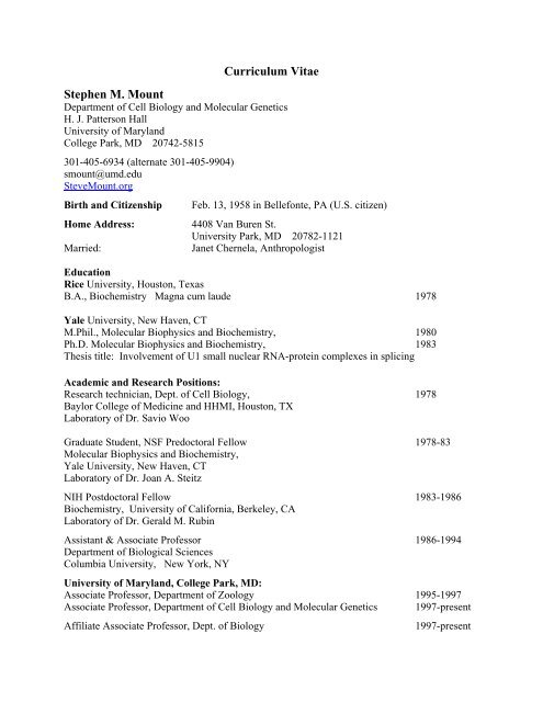 Curriculum Vitae Stephen M. Mount - College of Computer ...