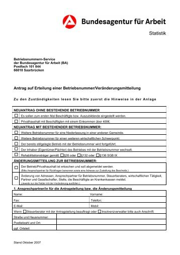 Antrag auf Erteilung einer Betriebsnummer/VerÃ¤nderungsmitteilung