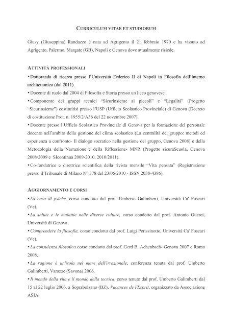 Giusy Randazzo. CV - Vita pensata