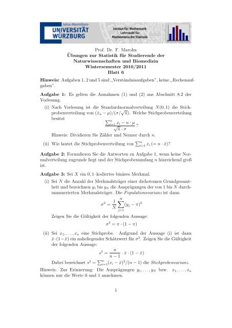 Prof. Dr. F. Marohn Â¨Ubungen zur Statistik fÃ¼r Studierende der ...