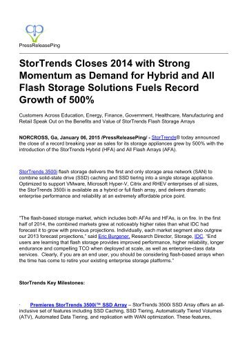 StorTrends Closes 2014 with Strong Momentum as Demand for Hybrid and All Flash Storage Solutions Fuels Record Growth of 500%