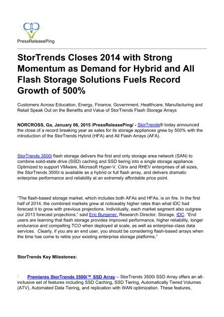 StorTrends Closes 2014 with Strong Momentum as Demand for Hybrid and All Flash Storage Solutions Fuels Record Growth of 500%