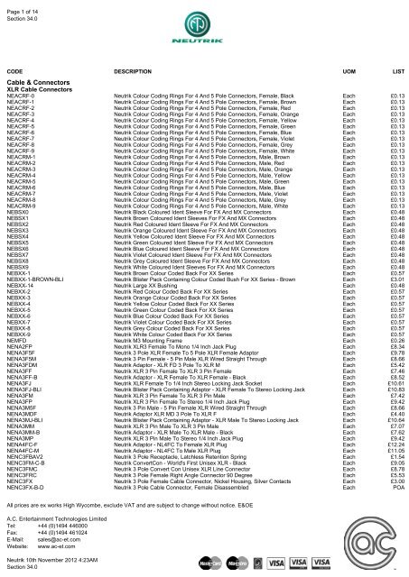 AC Lighting - Neutrik Price List - AC Entertainment Technologies Ltd.