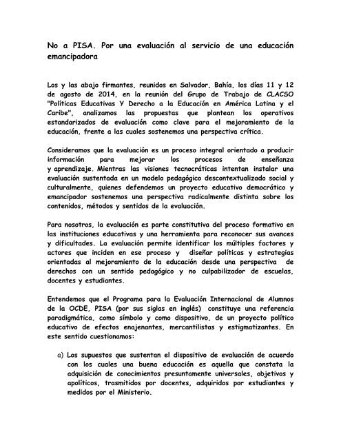 Declaración del GT Políticas educativas y derecho a la educación en América Latina y El Caribe