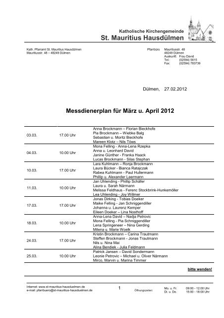 Messdienerplan für März u. April 2012 - St. Mauritius Hausdülmen