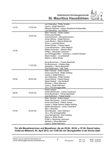 Messdienerplan für März u. April 2012 - St. Mauritius Hausdülmen