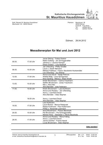 Messdienerplan für Mai und Juni 2012 - St. Mauritius Hausdülmen