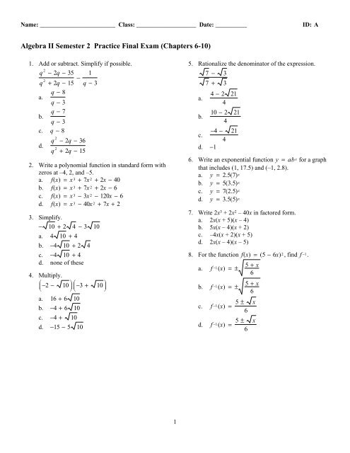 Algebra Ii Semester 2 Practice Final 18 Pages