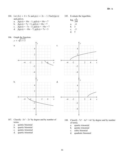 Algebra II Semester 2 Practice Final _18 Pages