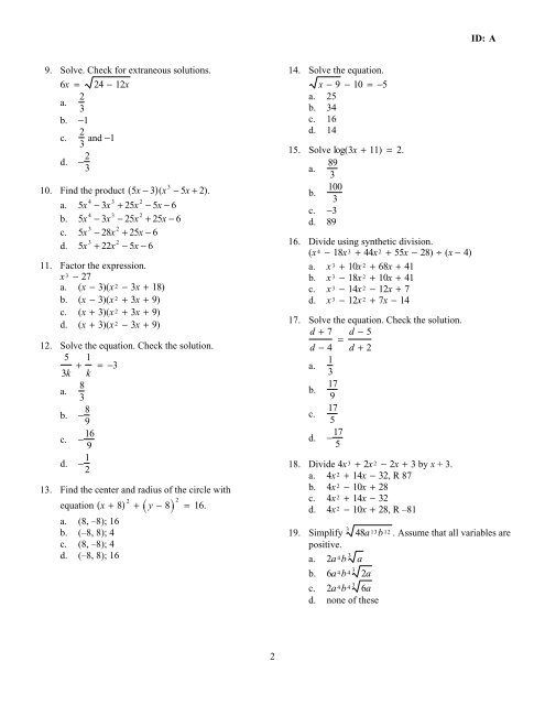 Algebra II Semester 2 Practice Final _18 Pages