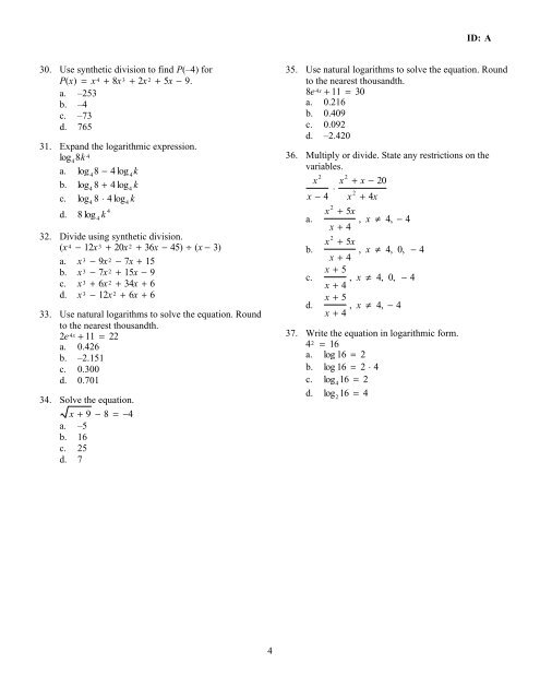 Algebra II Semester 2 Practice Final _18 Pages