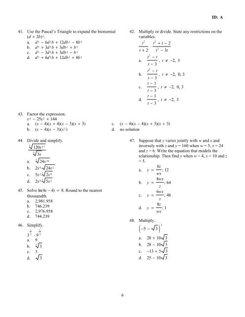 Algebra II Semester 2 Practice Final _18 Pages