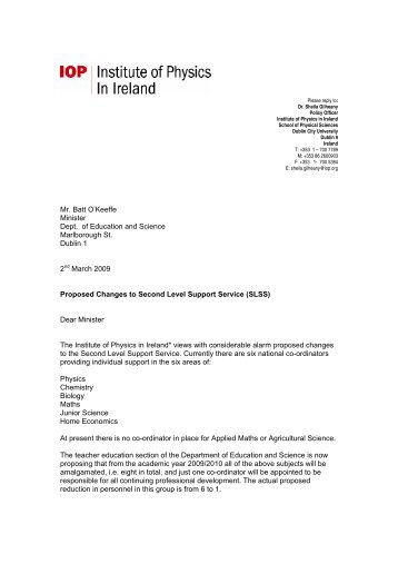 Letter to Minister for Education re reduction in Second Level Support ...