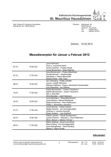Messdienerplan für Januar u Februar 2012 - St. Mauritius Hausdülmen