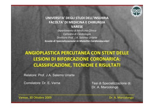 Angioplastica percutanea con stent delle lesioni di biforcazione ...