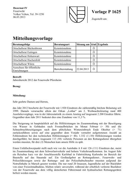 Mitteilungsvorlage - Feuerwehr Pforzheim