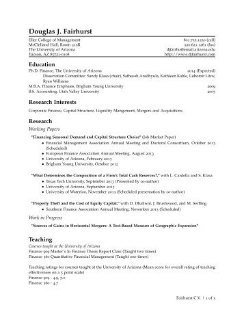 Douglas J. Fairhurst: Curriculum Vitae - Department of Finance