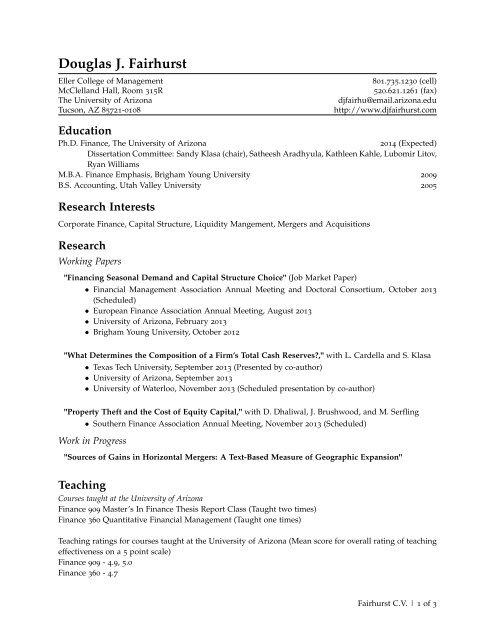 Douglas J. Fairhurst: Curriculum Vitae - Department of Finance