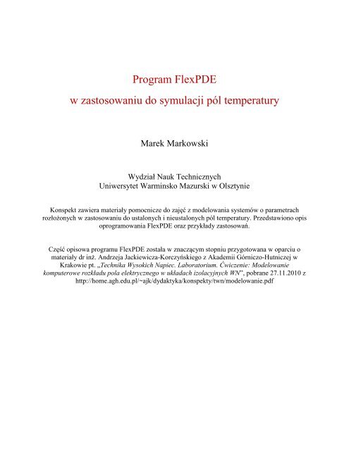 Program FlexPDE w zastosowaniu do symulacji pÃ³l temperatury
