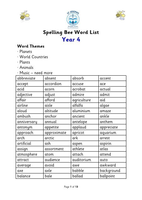 Spelling Bee Word List Year 4