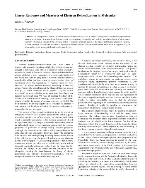 Linear Response and Measures of Electron Delocalization ... - CRM2
