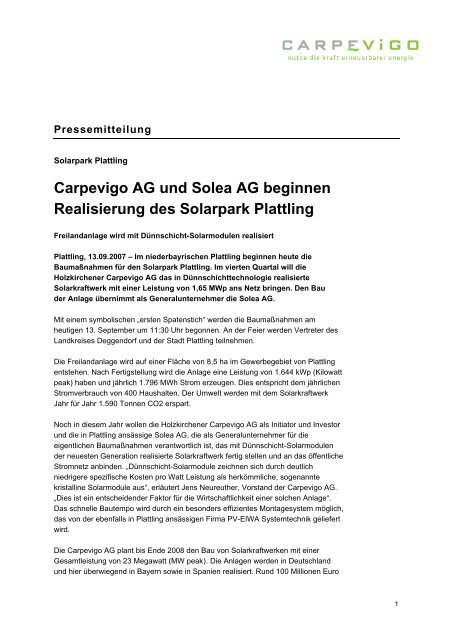 PM03-regio Cp Baubeginn Solarpark Plattling ... - CARPEVIGO AG