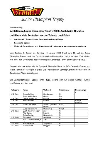 Athleticum Junior Champion Trophy 2009 - Tennis Zentralschweiz