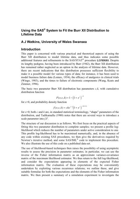 Using the SAS System to Fit the Burr XII Distribution to Lifetime Data ...