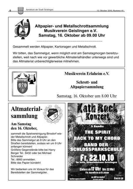 Altmaterial- sammlung Am Samstag den 16 ... - Stadt Geislingen