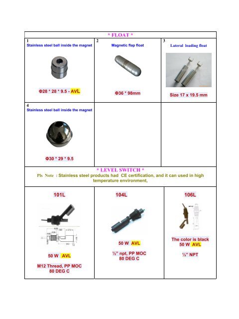 * FLOAT * * LEVEL SWITCH * 101L 104L 106L