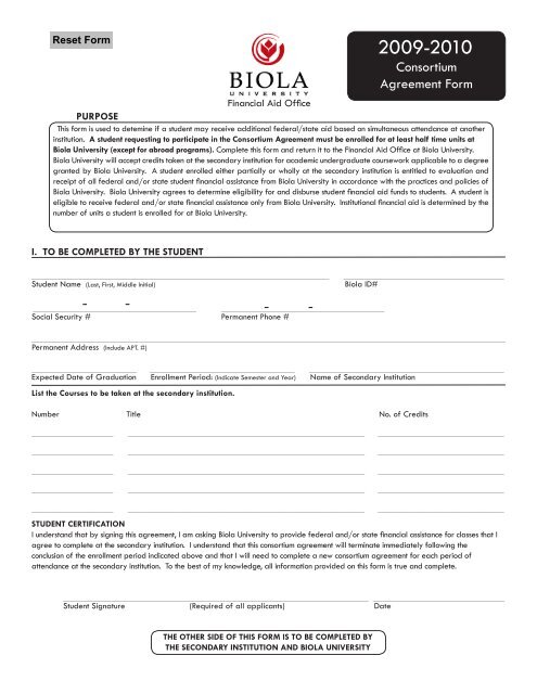 Consortium Form Consortium Agreement Form - Biola University