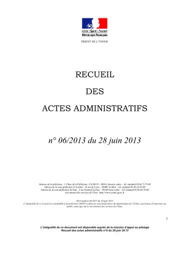 recueil nÂ° 6 du 28 juin 2013 - PrÃ©fecture de l'Yonne