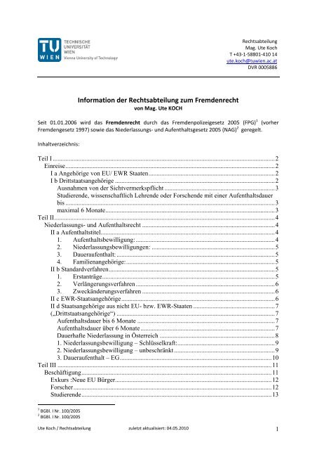 Information der Rechtsabteilung zum Fremdenrecht