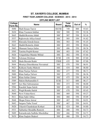 Science Merit List - St. Xavier's College