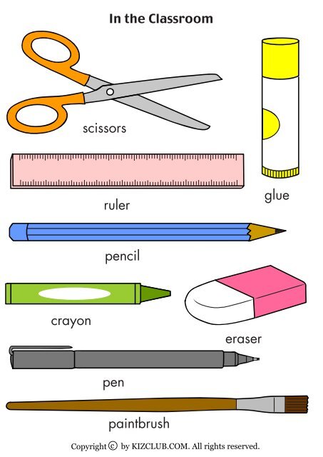 pen paintbrush crayon eraser glue scissors ruler pencil - Kiz Club