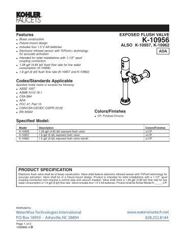 Kohler K-10956-CP 1.28 gpf / 4.85 lpf Touchless DC Toilet ...