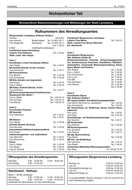Rufnummern des Verwaltungsamtes - Landsberg