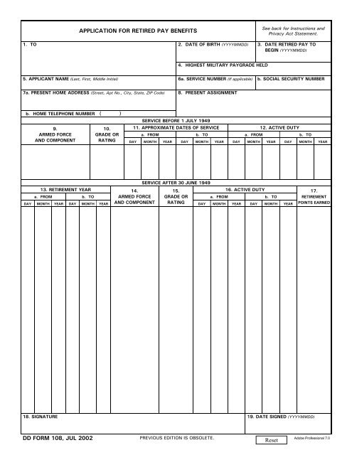 DD Form 108, Application for Retired Pay Benefits, July 2002.