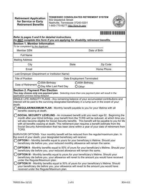Application for Retirement - Tennessee Department of Treasury - TN ...