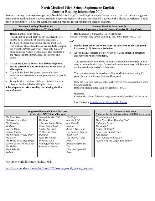 Sophomore Summer Reading 2013.pdf - Medford School District