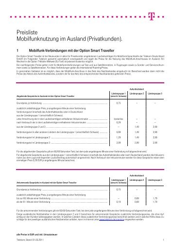 Preisliste Mobilfunknutzung im Ausland (Privatkunden).