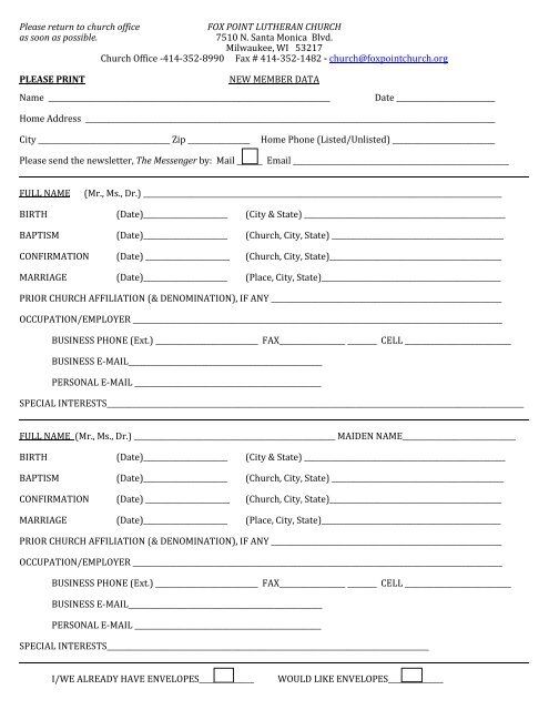 New Member Information Form - Fox Point Lutheran Church