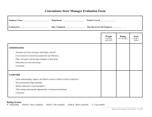 Convenience Store Manager Evaluation Form Land O Lakes Inc