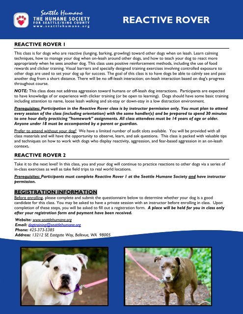 Growly Dog Class Questionnaire - Seattle Humane Society