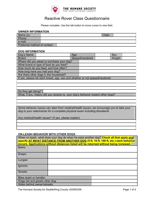 Growly Dog Class Questionnaire - Seattle Humane Society